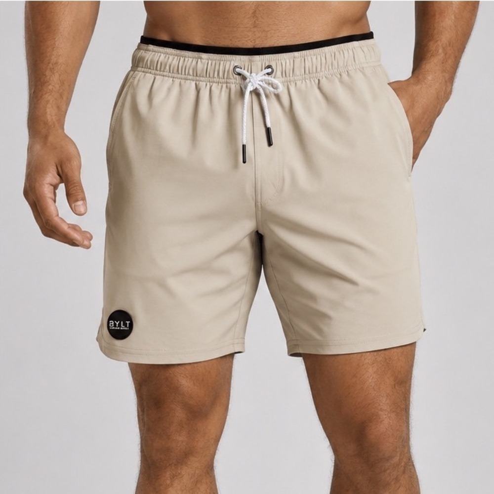 BYLT Premium Basics Active Shorts Mens XL NWT Dusty Beige Athletic Gym 7"